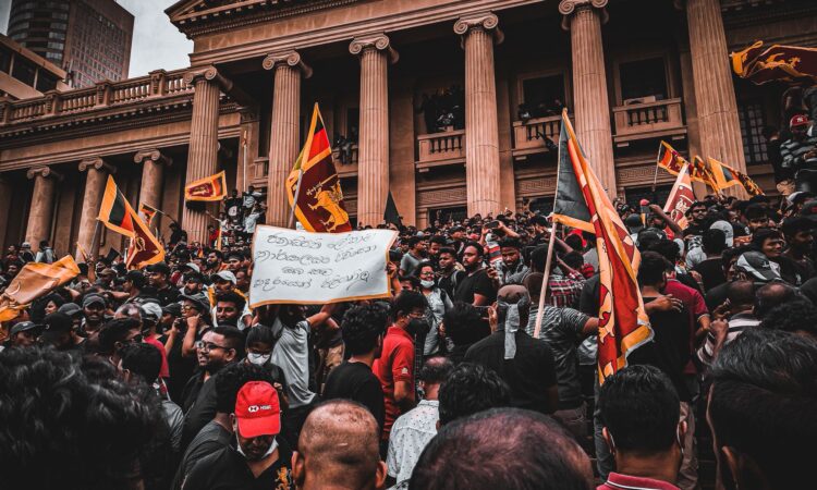people protesting outside a building