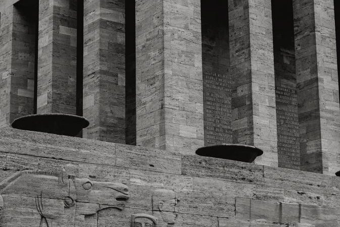 Black and white photo of Anıtkabir in Ankara, highlighting architectural details.